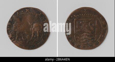 Rifiuto delle proposte di pace di Rudolf II, l'imperatore tedesco Koperen che penning. Voorzijde: Gezant biedt een Nederlander de vredestak aan, maar deze wijst op een slang, die onder de voeten van de gezant kruipt binnen omschrift. Keerzijde: Gekroond wapenschild binnen omschrift fabbricante : anoniemPlats fabbricazione: Middelburg Appuntamenti: 1592 kenmerken Fisico: Koper Materiale: Koper Techniek: Slaan dimensioni: D 3,1 cm. × g 4,43 grToelichtingPenning geslagen op last van de Staten van Zeeland. Oggetto: Tachtigjarige OorlogWanneer: 1592-04-07 - 1592-04-07 Foto Stock
