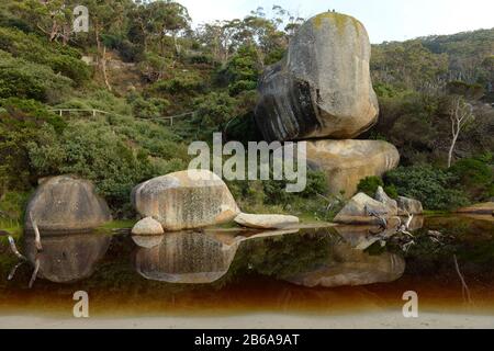 Enormi massi di granito adornano la costa come sculture naturali al promontorio di Wilsons, Victoria, Australia Foto Stock
