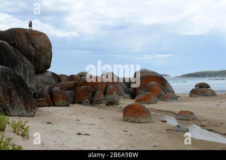 Due persone ammirano la vista dai massicci massi di granito che adornano la costa come sculture naturali a Wilsons Prom, Victoria, Australia Foto Stock
