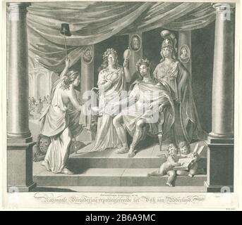 Allegoria dell'Assemblea Nazionale, 1796 Zinnebeeldige Art Print on Nationale Assembly rappresenteerende Il Popolo dei Paesi Bassi (oggetto del titolo) Allegoria della Prima Assemblea Nazionale, aperta all'Aia il 1 marzo 1796. Tempio Dove: Consigliere in abito romano seduto un testimone sul suo trono con un nastro con l'opschift 'Vox Populi, Vox dei 'receives dalle mani della vergine olandese. Attenzione e saggezza (Minerva) guardare. Sulle colonne dei ritratti del tempio di Henry D. Hooft Johan van Barneveld e Grotius. In background la riunione è andata a sinistra. Quando la stampa include un verklaring. Foto Stock