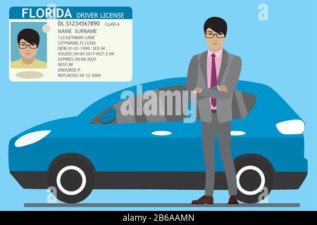 Uomo d'affari, moderna auto blu e Usa patente di guida con foto maschio, modello piatto, illustrazione vettore cartone animato. Illustrazione Vettoriale