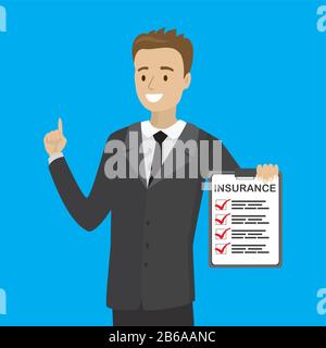 Cartoon man mostra assicurazione auto vuoto, felice maschio documento di tenuta, piatto vettore illustrazione Illustrazione Vettoriale