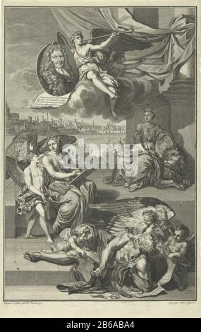 La personificazione della storia, seduta sul pavimento, scrive con la personificazione Storia Di Ispirazione della Gran Bretagna. Proprio in una colonna la personificazione della Gran Bretagna, seduta su un leone. Nelle sue mani le braccia della Gran Bretagna. In primo piano prova tre putti che tengono Alato Tempo contro cui libri e mangiare lacrime. Sopra la personification Fame, soffiando un ritratto. Indossa il ritratto in cornice ovale dello storico francese Isaac de Larrey. Sullo sfondo la città di Londra. Produttore : stampatore: Gilliam van der Gouwen (proprietà in elenco) per disegnare: Bernard Picart (edificio in elenco), design Foto Stock