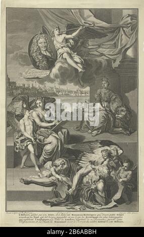 La personificazione della storia, seduta sul pavimento, scrive con la personificazione Storia Di Ispirazione della Gran Bretagna. Proprio in una colonna la personificazione della Gran Bretagna, seduta su un leone. Nelle sue mani le braccia della Gran Bretagna. In primo piano prova tre putti che tengono Alato Tempo contro cui libri e mangiare lacrime. Sopra la personification Fame, soffiando un ritratto. Indossa il ritratto in cornice ovale dello storico francese Isaac de Larrey. Sullo sfondo la città di Londra. La stampa ha un'impronta francese. Produttore : printmaker: Gilliam van der Gouwen (Proprietà elencate) per disegnare: Foto Stock