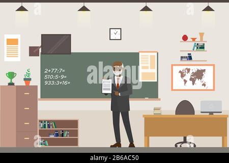 Cartone animato africano americano insegnante di sesso maschile in aula scuola interno, lavagna, piatto vettore illustrazione Illustrazione Vettoriale