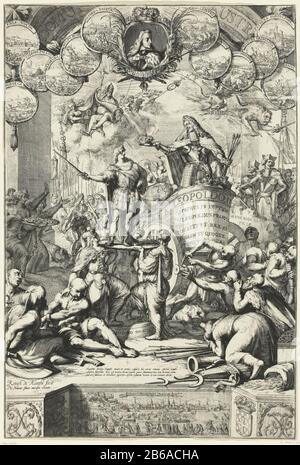 Allegoria di Leopoldo i al trono del figlio Giuseppe i, 1687 Allegoria di Leopoldo i al trono del figlio Giuseppe i, 1687 Leopoldo i (interpretato erroneamente come Leopoldo II) È in un carro e dà la sua corona reale dall'Ungheria a Joseph I. il carro è tirato attraverso i Turchi. In cima si trova un medaglione con un ritratto di Carlo II di Spagna fiancheggiato da immagini delle vittorie sui Turchi. In fondo è rappresentata la processione dell'incoronazione ad Ayr Burgh, l'attuale Bratislava. Produttore : printmaker: Romeyn de Hooghe (edificio elencato) nel suo design: Romeyn de Hooghe Publ Foto Stock