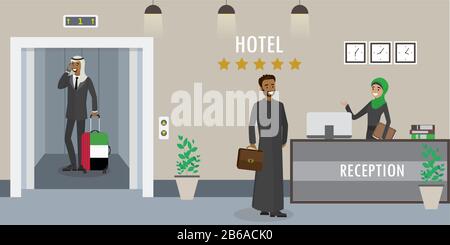 La reception dell'hotel interior.Young arabic woman receptionist in hijab.Muslim businessman si trova al banco della reception e arab man in ascensore. Viaggi, hospit Illustrazione Vettoriale