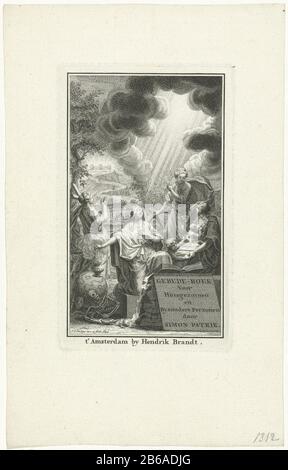 Preghiera allegoria pagina del titolo per S Patrick, le preghiere benedicono un libro per le famiglie e lo sforzo speciale persoonen, 1744 una donna si inginocchia davanti ad una bibbia aperta picchiata nella sua mano a Chi: Rookvat che simboleggia le preghiere ascendono al cielo. Essa è accompagnata dalle personificazioni delle tre virtù teologiche. Speranza (Spes), appoggiata su un'ancora, che indica l'Amore di suzione (Caritas), i raggi divini della luce dal cielo. La fede (Fides) guarda in adorazione al cielo. A sinistra in primo piano uno scheletro con un serpente e la mela, riferendosi alla caduta. Sullo sfondo di una collina al tempio di Gerusalemme. Foto Stock