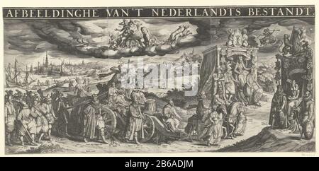 Allegoria dei dodici Anni 'Truce, 1609 Afbeeldinghe' t Nederlandts Bestandt (oggetto del titolo) Grande allegoria Quattrici dodici Anni 'Truce, 1609. La personificazione di Treves, il file seduto su triomfkar convertito carrozza con cannone, tra le personificazioni Della Disciplina (Disciplina) e La Prosperità (Prosperitas). Padre Jan Neyen davanti, accanto alla macchina eseguire re James i d'Inghilterra e re Enrico IV di Francia. Dietro la carrareccia Chained War (Bellum) e un gruppo di soldati. Sotto L'Oms: S del carrello sono Misery (Calamitas) e Fornicazione (Licentia) schiacciati. Il carrello tirato da una squadra di cavalli r Foto Stock