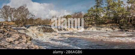 Una vista panoramica di un fiume gonfio Tees che scorre sopra la cascata a ferro di cavallo appena sopra la cascata principale a bassa forza. Foto Stock