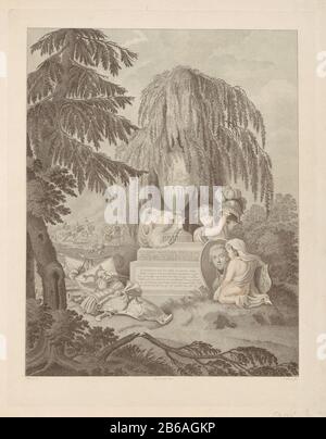 Monumento allegorico a George William Frederick, Principe di Orange-Nassau memoriale Allegorico di William George Frederick, principe di Orange-Nassau, deceduto a Padova, 6 gennaio 1799. In un monumento ombreggiato da salice piangente è un putto lutto con una fiaccola. Un altro putto mostra un casco e il terzo è nel ritratto. Al piano del monumento armatura e striscioni, sullo sfondo un ruitergevecht. Produttore : printmaker: James Wiseman (proprietà elencata) a disegnare: Jan Willem Pieneman (edificio elencato) Editore: Meyer & Comp. (Mostrato sull'oggetto) Luogo di produzione: Amsterdam Data: 1799 Foto Stock
