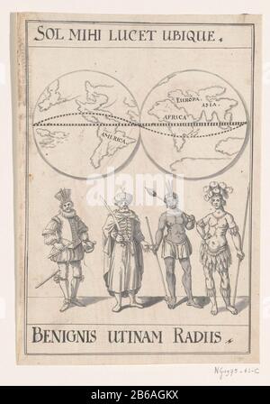 Emblema allegoricamente nel Trattato di Rijswijk, 1697 Logo con mappe dei due emisferi del mondo. Sotto quattro figure che rappresentano i quattro continenti: Europa, Asia, Africa e America. Titolo: Sol mihi lucet ubique / Benignis Utinam radiis. Design per la decorazione alla celebrazione della pace di Rijswijk nel 1697. Produttore : artista: Anonimo luogo produzione: Nord Paesi Bassi Data: 1697 caratteristiche Fisiche: Penna in nero e pennello in grigio materiale: Carta dimensioni: H 295 mm × W 205 mm Oggetto: Feste su eventi Di importanza nazionale (+ decorazione festiva  attività festive Foto Stock