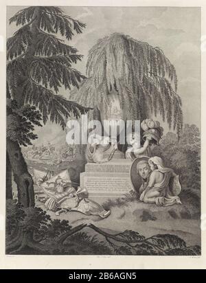 Monumento allegorico al Principe Frederik, 1799 memoriale Allegorico di Guglielmo Giorgio Federico principe di Orange-Nassau, deceduto a Padova, 6 gennaio 1799. Monumento con urna ombreggiata da un salice piangente, con putti fiaccola, casco e ritratto. Sulla base un versetto a sei righe. Al piano del monumento armatura e striscioni, sullo sfondo un ruitergevecht. Produttore : printmaker: James Wiseman (proprietà elencata) a disegnare: Jan Willem Pieneman (edificio elencato) Editore: Meyer & Comp. (Proprietà in elenco) Fabbricazione Del Luogo: Paesi Bassi Data: 1799 caratteristiche Fisiche: Stippelets Materiale: Paper te Foto Stock