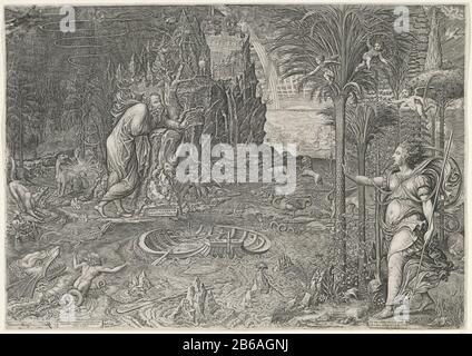 Allegoria di vita Fantasy Landscape di notte con rocce, animali selvatici, diverse specie di alberi e un lago con feroci mostri marini e una barca a remi. Ai margini del lago c'è un vecchio barbuto, appoggiato su una roccia e su un albero morto. Il vecchio guarda sopra l'acqua ad una donna con corona e lancia sulle redini in primo piano. Produttore : printmaker Giorgio Ghisi (listed property) Designed by: Rafael (listed building) cliente: Philip Datus (listed building) editore : Harmen Adolfsz. (Mostrato sull'oggetto) Luogo di produzione: Print maker: Italy To design: Italy Editore: Haarlem Data: 1561 Phisi Foto Stock