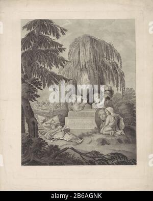Monumento allegorico a George William Frederick, Principe di Orange-Nassau memoriale Allegorico di William George Frederick, principe di Orange-Nassau, deceduto a Padova, 6 gennaio 1799. In un edificio ombreggiato da un salice piangente si erge un putto piangente con una torcia non illuminata. Un altro putto mostra un casco e il terzo è nel ritratto. Al piano del monumento armatura e striscioni, sullo sfondo un ruitergevecht. Produttore : printmaker: James Wiseman (proprietà elencata) a disegnare: Jan Willem Pieneman (edificio elencato) Editore: Meyer & Comp. (Mostrato sull'oggetto) Luogo di produzione: Amsterdam Data: Foto Stock