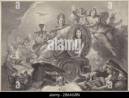 Ritratto allegorico di Luigi XIV, re di Francia parte superiore di un'allegoria del regno di re Luigi XIV La personificazione della fede cattolica siede su un carro e tiene uno scudo con il ritratto di Luigi XIV solido. Il carro tirato dai quattro simboli evangelisti (uomo, leone, bue e aquila), corre gepersonficeerde peccati e vizi omver. Produttore : printmaker Gerard Edelinck (proprietà in elenco) a dipingere di Charles le Brun (proprietà in elenco) fornitore di privilegio: Louis XIV (re di Francia) (edificio in elenco) Fabbricazione Di Posti: Printmaker Parigi a dipingere: Parigi Concedente di privilegio: Foto Stock