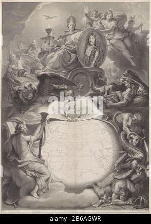 Ritratto allegorico di Luigi XIV, re di Francia Stampa due parti di vostel lombare un'allegoria del regno di re Luigi XIV La personificazione della fede cattolica siede su un carro e tiene uno scudo con il ritratto di Luigi XIV solido. Tra i carri un globo Dove: Accanto Alla Fede con un libro aperto e una torcia ardente d'altra parte, riporta vizi e mostri. Produttore : printmaker Gerard Edelinck (proprietà quotata) alla pittura di Charles le Brun (edificio elencato) fornitore di privilegio: Louis XIV (re di Francia) (edificio elencato) Fabbricazione Di Posti: Printmaker Parigi alla pittura: P Foto Stock