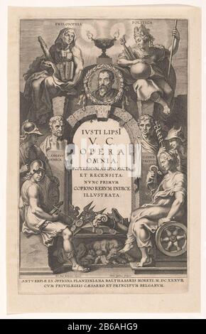 Allegorical title page with stone arch with a medallion portrait of Justus Lipsius Title page for J Lipsius, Opera omnia, Anversa 1637 Op een stenen boog is een medaillonportret van de schrijver Justus Lipsius geplaatst. Van de Filosofie en de Politiek de hoofdOnderwerpen binnen zijn oeuvre. Naast de boog twee portretbustes van antieke dammus die Lixius heeft geëditeerd: Seneca en Tacitus. Ernaast Minerva en Mercurius en de zittende personificaties van Deugd (links) en Voorzichtigheid (rechts). Proefdruk van een telpagina voor Lipsius' verzamel Foto Stock