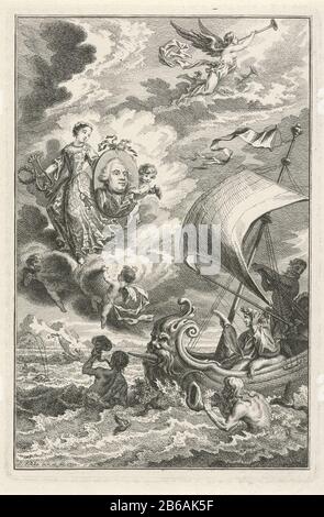 La rappresentazione allegorica di Guglielmo V con ritratto in barca, circondata da due dei di mare, è un uomo acclamato con un foglio di carta in mano. Nell'aria che tiene una donna un lira e alloro solido e porta con un putto il ritratto di Guglielmo V in ovale. In alto nel cielo una tromba che soffia engel. Produttore : stampatore Simon Fokke (edificio elencato) nella sua progettazione: Simon Fokke (proprietà elencata) Luogo di produzione: Amsterdam Data: 1752 caratteristiche Fisiche: Materiale di incisione: Tecnica della carta: Incisione dimensioni: Bordo della piastra: H 143 mm × b 95 mm Oggetto: Divinità dell'acqua: Nettuno e il suo ambiente Foto Stock