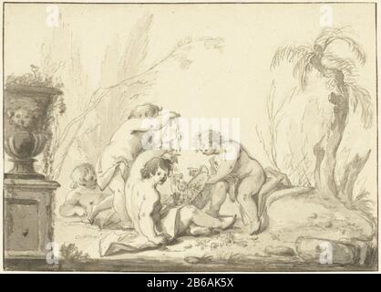 Figli allegorici con un cesto di fiori Allegoria con bambini con un cesto di fiori tipo oggetto: Disegno numero Oggetto: RP-T 1909-6 Produttore : artista: Johann Heinrich Keller (II) Data: CA. 1702 - ca. 1765 caratteristiche Fisiche: Matita, penna in marrone e pennello in marrone e grigio materiale: Carta matita inchiostro tecnologia: Penna / pennello dimensioni: H 140 mm × W 195 mm Foto Stock