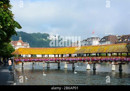 Lucerna, SVIZZERA - 4 luglio 2014: Il Ponte della Cappella o Kapellbrücke è il più antico ponte coperto in legno d'Europa. Il ponte di 170 metri attraversa il Reuss Foto Stock