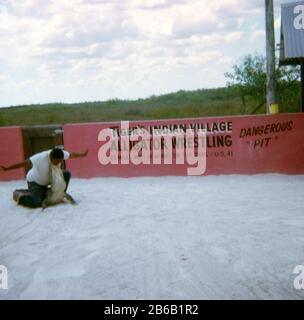 Fotografia d'epoca del 1972, il Villaggio Indiano Miccosukee della Tiger, l'Alligator Wrestling vicino a Miami, Florida. FONTE: TRASPARENZA 35MM ORIGINALE Foto Stock