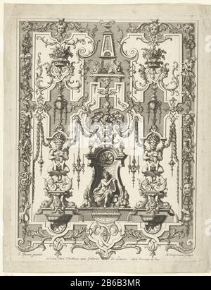 Apollo su un trono Apollo sul trono verticale pannelli (titolo della serie) Apollo fiancheggiato da due Triton catturati in scroll work. Gazzetta della serie 6. Produttore : printmaker: Marguerin Dairemont (proprietà quotata) Designed by Jean Berain (le Vieux) (edificio storico): Jean Berain (le Vieux) fornitore di privilegi: Louis XIV (Re di Francia ) (edificio storico) Fabbricazione Locale: Stampatore: Francia (possibile) Designed by France (possibile) editore: Paris Data: 1679 - 1703 Materiale: Paper Tecnica: Acquaforte dimensioni: Bordo della piastra: H 330 mm × W 358 mm Oggetto: (Storia di) Apollo (Phoebus) Foto Stock