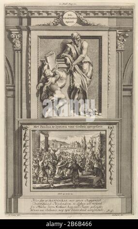 L'apostolo Barnaba l'apostolo Barnaba H, con Paolo, a Lystren degli dei come (oggetto del titolo) l'apostolo Barnaba che riflette un angelo gli fece affidamento un libro. Barnaba si trova su un piedistallo. Sul fronte la scena Dove: Negli Apostoli Paolo e Barnaba sono venerati dal popolo di Lystra come dei. Stampa centro superiore contrassegnato: II Sezione: Pagina: 70. Produttore : printmaker Jan Luyken (listed building) printmaker: Zacharias Chatelain (II) (listed building) in drawing: Jan Goeree (listed property) writer: François Halma ( listed on object) editor: François Halma Place manufacturing: Amsterdam Date: 1698 Phys Foto Stock