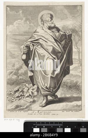 De apostel Matteüs staande in een landschap met een boek en een zak geld in zijn handen. Onder de voorstelling een verwijzing naar Ps. 92 in het Latijn. Produttore : produttore : Pieter Schenk (i) (vermeld op object)uitgever: Pieter Schenk (i) (vermeld op object)verlener van Privilege: Staten van Holland (vermeld op object)Plats manufacturing: Amsterdam Dating: 1670 - 1711 Physical kenmerken: ETS en gravure Material: Papier Techniek: Etsen / plaudrencé (Dimensions): H 250 mm × b 174 mm Soggetto: L'apostolo e l'evangelista Matteo (Matteo); possibili attributi: Angelo, ascia, Foto Stock
