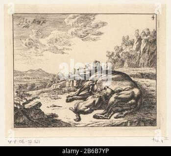 Paesaggio Arcadiano con roccia un paesaggio montuoso. In primo piano una scogliera. Sullo sfondo due donne camminare verso una grande villa. Produttore : stampatore Abraham Genoels (edificio elencato), progettato da Abraham GenoelsPlats prodotto: Roma Data: 1650 - 1723 caratteristiche Fisiche: Materiale di incisione: Tecnica della carta: Incisione dimensioni: Bordo della lastra: H 196 mm × b 149 mm Soggetto: Formazioni rocciose (+ paesaggio con figure, personale) villa Foto Stock