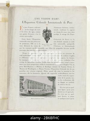 Testo 'une Vision d'art: L'esposizione coloniale Internationale de Paris progettato con due immagini di una maschera di legno e il museo coloniale di Jaussely et Laprade (architetti), e Jeanniot (scultore). Pagina della rivista di moda Art-Gout-Beauté (1920-1933) . Produttore : printmaker: Anonimo editore Charles Goy Dating: 1931 caratteristiche Fisiche: Foto-meccaniche colore materiale: Carta Tecnica: Tecniche foto-meccaniche / colore dimensioni: Foglio: H 315 mm × W 240 mm Oggetto: Moda piatti permanentemente mostra, maschera museo quando: 1931 - 1931 Foto Stock