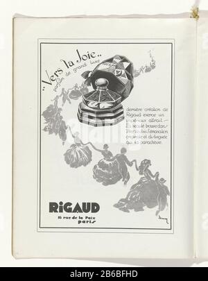 Pubblicità profumo Rigaud. Pagina della rivista di moda Art-Gout-Beauté (1920-1933) . Produttore : stampatore: Editore anonimo Charles Goy dating: 1932 caratteristiche Fisiche: Fotomeccanico materiale di stampa: Carta Tecnica: Foto meccanica dimensioni: Foglio: H 315 mm × W 240 mm Oggetto: Moda piatti profumo bottiglia gruppo ballando quando 1932 - 1932 Foto Stock