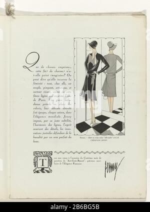 Testo con un'immagine di una donna con la schiena ad uno specchio a tutta lunghezza in un abito 'crepe satin' Miranda A.G.B., Jenny. Pagina della rivista di moda Art-Gout-Beauté (1920-1933) . Produttore : tipografo: Casa di moda anonima: Jenny (edificio elencato) Editore: Charles Goy dating: 1928 caratteristiche Fisiche: Litografia, modelli e materiale colorato a mano: Tecnica della carta: Litografia (tecnica ) / potoro / misure colore mano: Foglio: H 315 mm × W 240 mm Soggetto: Moda piatti vestito, abito (+ abiti da donna) head-gear: Cappello (+ abbigliamento donna) guanti, guanti (guanti CORTI) (+ tessuto donna Foto Stock