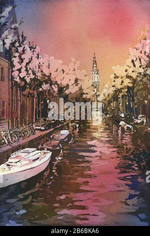La chiesa di Zeudekerk sorge sui canali medievali di Amsterdam, Paesi Bassi. Olanda chiesa pittura Foto Stock