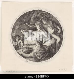 Bacco, Ceres En Venus Night Pezzo Di Bacco, Ceres, Venere E Cupido. Pubblicato in ovale, testo latino rondom. Produttore : stampatore: Hendrick Goltzius alla progettazione: Hendrick Goltzius Inspirer: Michelangelo Data: 1595 caratteristiche Fisiche: Engra in argento materiale: Carta Tecnica: Engra in argento dimensioni: D 165 mm Foto Stock