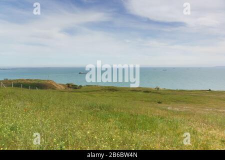 Costa della penisola di Crimea con erbe primaverili e vista sullo stretto di Kerch. Giorno nuvoloso Foto Stock