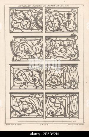 Otto balkonhekken lavorato decorato. Produttore : stampatore Carl Albert von Lespilliez (proprietà quotata) Designed by François de Cuvilliés (Sr.) (edificio elencato ) fornitore di privilegio: Imperial Court (indicato sull'oggetto) Luogo di fabbricazione: Germania Data: 1745 caratteristiche Fisiche: Acquaforte e engra materiale: Carta Tecnica: Acquaforte / engra (processo di stampa) Misure: Bordo della lastra: H 369 mm × W 243 mm Oggetto: Balcone in fucinatura (processo industriale) Foto Stock