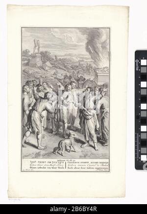 De inwoners van de stad ontdekken dat Gedeon het door zijn vader Joas opgerichte altaar van Baäl heeft vernield. De door Hem geofferde stier brandt nog op het altaar. Illustratie van de Bijbeltekst Ri. 6:28-32. Onder de voorstelling de titel in het Hebreeuws, Engels, Duits, Latijn, Frans en Nederlands. Produttore : produttore : Pieter Sluyter (vermeld op object)naar tekening van: Gerard Hoet (i) (vermeld op object)uitgever: Bernard Picart (mogelijk)uitgever: Pieter de Hondt (mogelijk)Plaats manufacturing: Pentmaker: Damuitgever: 1717/1705/1720 Foto Stock