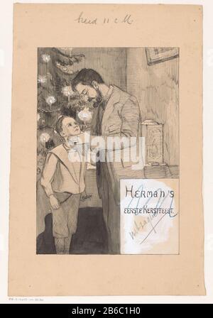 Tie Design per il primo Natale di Herman ACL, c 1898 un uomo e un ragazzo in piedi con un albero di Natale decorato e illuminato in una stanza. L'uomo afferra il mento del ragazzo bloccato con la sua mano di lino. Produttore : artista: Anonimo Data: Caratteristiche o 1898 Fisico: Nero penna e pennello in grigio con gesso nero; correzioni bianco dekverf Materiale: Carta inchiostro gesso finitura tecnologia di rivestimento: Penna / pennello dimensioni: H 331 mm × W 225 mm Oggetto: Albero di Natale e. Foto Stock