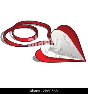 Carta San Valentino su un nastro rosso isolato su sfondo bianco. Illustrazione ravvicinata del cartone animato vettoriale. Illustrazione Vettoriale