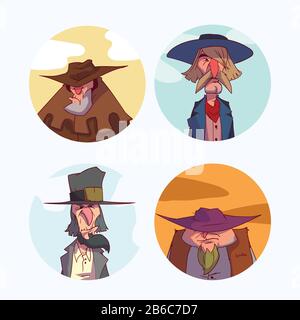 Colorato ritratto di cartone animato serie di cowboy, cacciatori di taglie o illustrazioni fuorilegge Illustrazione Vettoriale