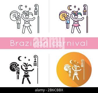 Set di icone Samba. Stili di colore lineare, nero e RGB. Carnevale brasiliano di notte. Signora danzante in costume nazionale. Uomo che riproduce musica sul tamburo Illustrazione Vettoriale