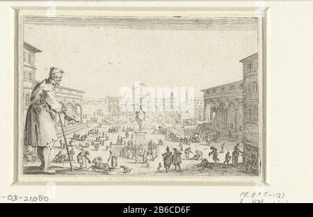 Bedelaar bij de Piazza Santissima Annunziata Firenze voi Caprices varie figure Jacopo Callot (seriettel) Diversi ponti in voorstellingen (seriettel) in primo piano a sinistra c'è un uomo con una canna; continua a mendicare il cappello in mano. Sullo sfondo, molte figure in Piazza della Santissima Annunziata a Firenze. Questa stampa fa parte di una serie di 48 stampe (50 incl Title page e dedicatieblad) con Vari Argomenti (tra uomini e donne in diverse pose, paesaggi, edifici e feste a Firenze). Forse queste stampe sono state intese come tekenvoorbeelden. Produttore : p Foto Stock