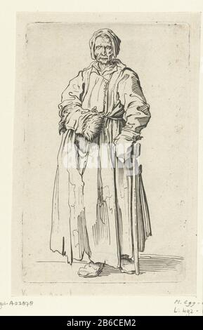 Donna mendicante con una manica e un bastone Gueux Les Les Baroni mendiants Les Barons (titolo della serie) Beggars (titolo della serie) Donna vestita con stracci, dal davanti, cieco in un occhio, la sua mano destra in una manica con la mano sinistra appoggiata su un bastone. Questa stampa fa parte di una serie di 25 stampe con mendicanti e vaganti, come Callot dove: Apparentemente in Italia gezien. Produttore : da stampare da Jacques Callotprentmaker: Anonymous Place produzione: Francia (possibile) Datata: 1622 - 1670 Caratteristiche Fisiche: Materiale di incisione: Tecnica della carta: Dimensioni di incisione: Bordo della lastra: H 140 mm × W 88 mm Subj Foto Stock