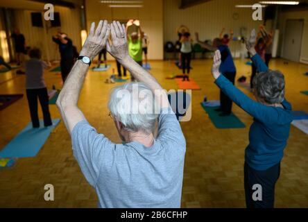 3 marzo 2020, Baden-Wuerttemberg, Stoccarda: I partecipanti fanno esercizi di stretching durante una lezione sportiva per persone oltre i 60 anni. Foto: Sebastian Gollnow/Dpa Foto Stock
