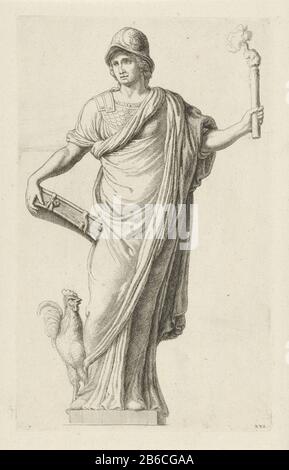 Immagine di Vigilantia (Vigilance) sul retro del Municipio sulla foto Dam di Vigilantia, la personificazione di Vigilance a destra sul timpano sul retro (lato ovest) del Municipio sulla diga di Amsterdam . Sulla sua testa un casco, ai suoi piedi un gallo. In una mano un libro nell'altra mano una torcia che brucia. In basso a destra numerato XVI. Produttore : printmaker: Hubert Quellinusnaar own design: Hubert Quellinusnaar view: Artus (i) Editore: David Mortier (possible) Editore: Gerard Valck (possible) Editore: Covens & Mortier and Covens Jr. (Possible) Produttore Del Posto: Amsterdam Datato: Foto Stock