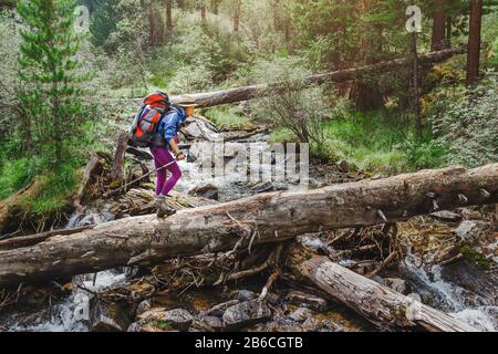 Donna escursionista che attraversa il fiume in montagna utilizzando un grande tronco d'albero, concetto di avventura all'aperto Foto Stock