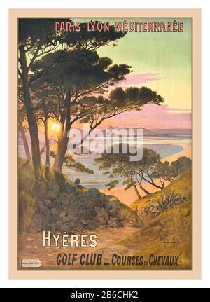 Poster da viaggio vintage PLM HYÈRES, GOLF CLUB Francia meridionale Frederic Hugo d'Alési (1849-1906) litografia a colori, c.1900, stampato da Atelier F.Hugo d'Alési, Foto Stock