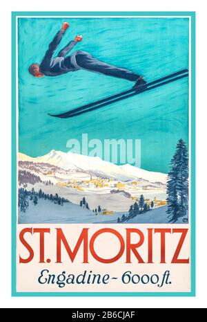 ST. Moritz VINTAGE 1900s winter sports ski jump Poster di Carl Moos (1878-1959) litografia St Moritz, Engadine Valley a 6000ft Svizzera Foto Stock