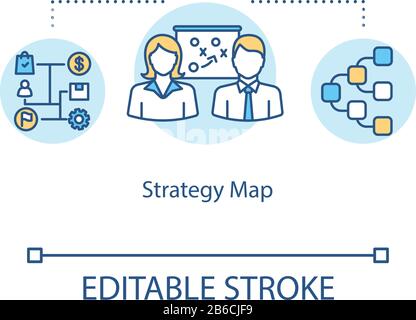 Icona del concetto di mappa della strategia. Illustrazione della linea sottile dell'idea dell'algoritmo di pianificazione. Obiettivi di business raggiungere. Analisi strategica aziendale. Vettore isolato Illustrazione Vettoriale